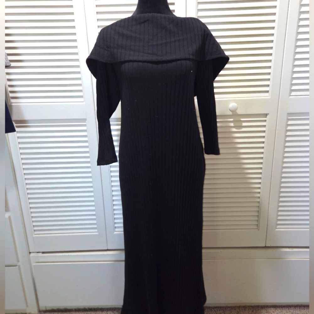Elegant Black Ribbed Off Shoulder Dress. Size L